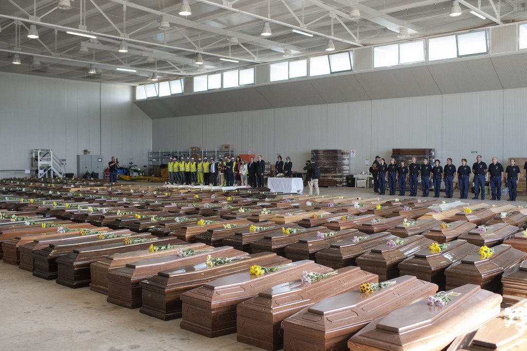 General view of the tribute to the victims, in front of their coffins