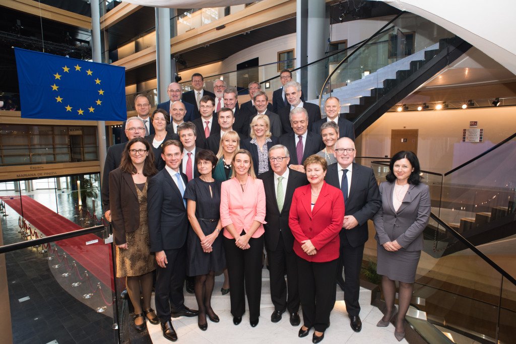 Group photo, from left to right,<br>in the 1st row: Cecilia Malmström, Member designate of the EC in charge of Trade, Jyrki Katainen, Vice-President designate of the EC in charge of Jobs, Growth, Investment and Competitiveness, Marianne Thyssen, Member designate of the EC in charge of Employment, Social Affairs, Skills and Labour Mobility, Federica Mogherini, High Representative of the Union for Foreign Affairs and Security Policy and Vice-President designate of the EC, Jean-Claude Juncker, President-elect of the EC, Kristalina Georgieva, Vice-President designate of the EC in charge of Budget and Human Resources, Frans Timmermans, First Vice-President designate of the EC in charge of Better Regulation, Inter-Institutional Relations, the Rule of Law and the Charter of Fundamental Rights, and Vĕra Jourová, Member designate of the EC in charge of Justice, Consumers and Gender Equality,<br>in the 2nd row: Neven Mimica, Member designate of the EC in charge of International Cooperation and Development, Violeta Bulc, Member designate of the EC in charge of Transport, Jonathan Hill, Member designate of the EC in charge of Financial Stability, Financial Services and Capital Markets Union, Elżbieta Bieńkowska, Member designate of the EC in charge of Internal Market, Industry, Entrepreneurship and SMEs, and Margrethe Vestager, Member designate of the EC in charge of Competition,<br>in the 3rd row: Tibor Navracsics, Member designate of the EC in charge of Education, Culture, Youth and Sport, Pierre Moscovici, Member designate of the EC in charge of Economic and Financial Affairs, Taxation and Customs, Valdis Dombrovskis, Vice-President designate of the EC in charge of the Euro and Social Dialogue, Andrus Ansip, Vice-President designate of the EC in charge of Digital Single Market, Corina Creţu, Member designate of the EC in charge of Regional Policy, Dimitris Avramopoulos, Member designate of the EC in charge of Migration, Home Affairs and Citizenship, and Vytenis Andriukaitis, Member designate of the EC in charge of Health and Food Safety,<br>in the 4th row: Phil Hogan, Member designate of the EC in charge of Agriculture and Rural Development, Günther Oettinger, Member designate of the EC in charge of Digital Economy and Society, Johannes Hahn, Member designate of the EC in charge of European Neighbourhood Policy and Enlargement Negotiations, and Christos Stylianides, Member designate of the EC in charge of Humanitarian Aid and Crisis Management,<br>in the 5th row: Maroš Šefčovič, Vice-President designate of the EC in charge of the Energy Union, Miguel Arias Cañete, Member designate of the EC in charge of Climate Action and Energy, Karmenu Vella, Member designate of the EC in charge of Environment, Maritime Affairs and Fisheries, and Carlos Moedas, Member designate of the EC in charge of Research, Science and Innovation