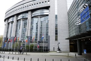 European flag and French flag at half-mast in the European Parliament in Brussels following yesterday's attacks in Paris.