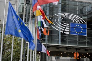 European flag and French flag at half-mast in the European Parliament in Brussels following yesterday's attacks in Paris.