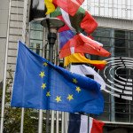 European flag and French flag at half-mast in the European Parliament in Brussels following yesterday's attacks in Paris.