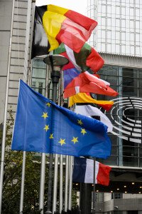 European flag and French flag at half-mast in the European Parliament in Brussels following yesterday's attacks in Paris.