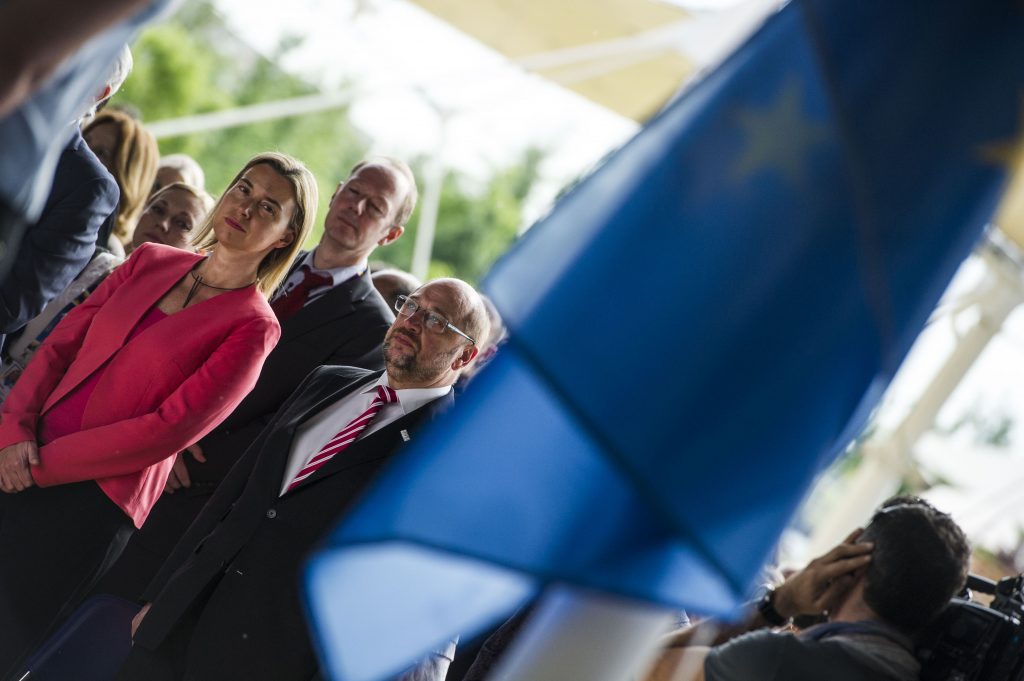 Martin Schulz and Federica Mogherini, during the ceremony of raising of the European flag to open officially the EU Pavilion at EXPO Milan 2015 (in the foreground, from right to left)